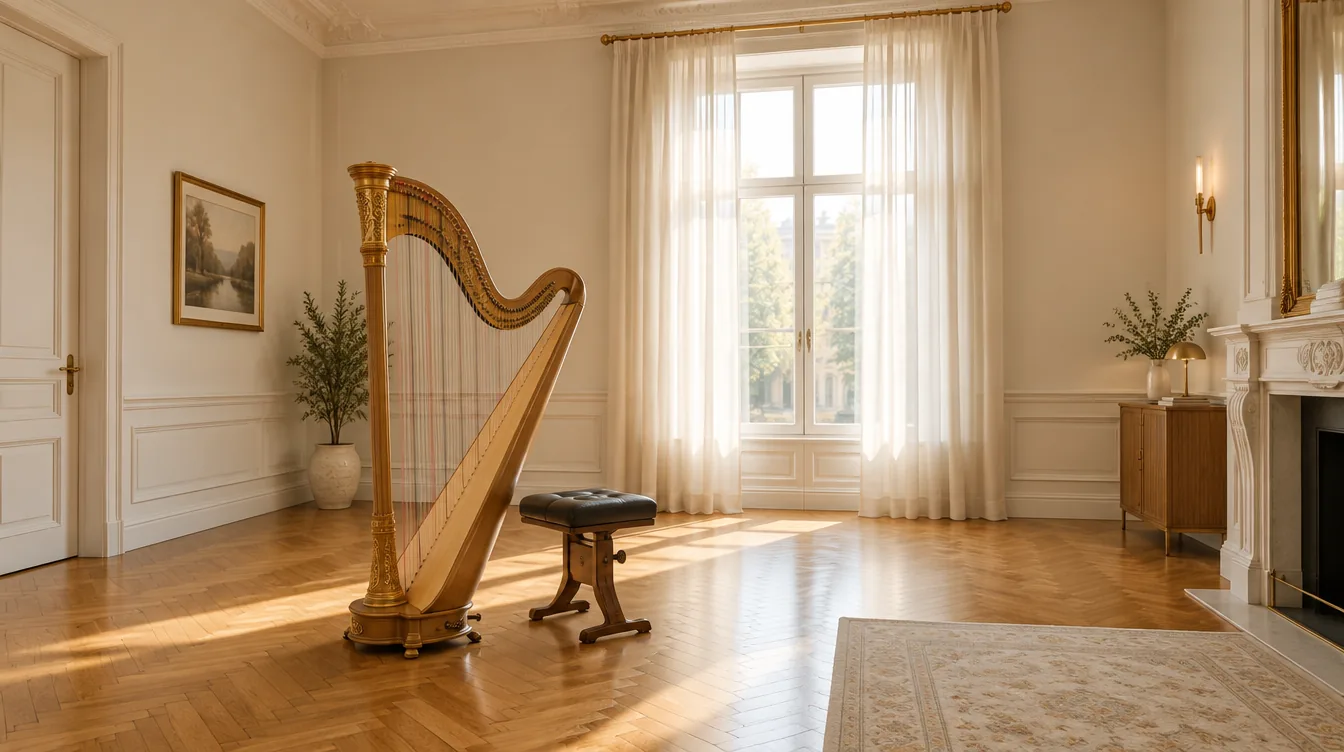 An elegant teaching room with a harp beside a tall window