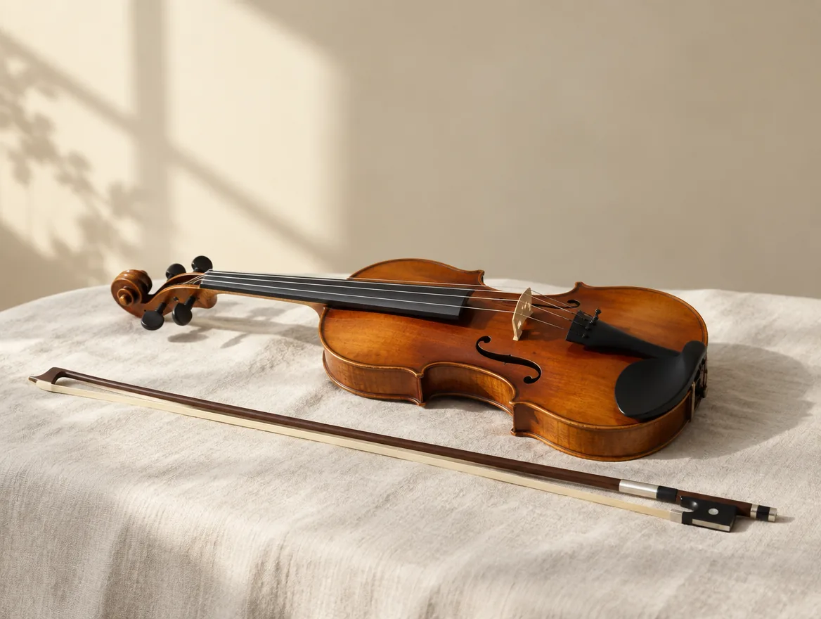 A violin and bow resting on pale linen